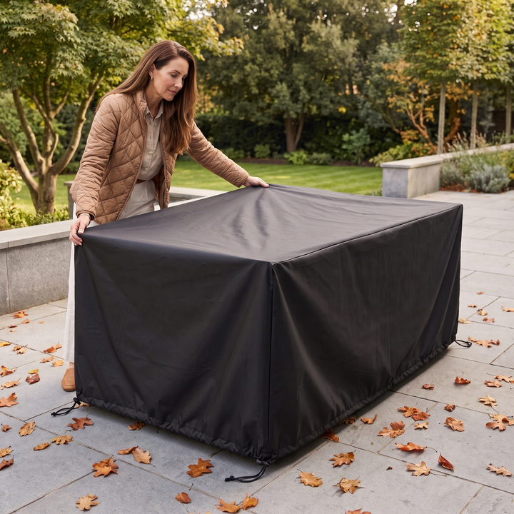 Outdoor Furniture Cover – Waterproof, Rectangular in Black – woman smoothing it over furniture on an autumn leaf-strewn patio