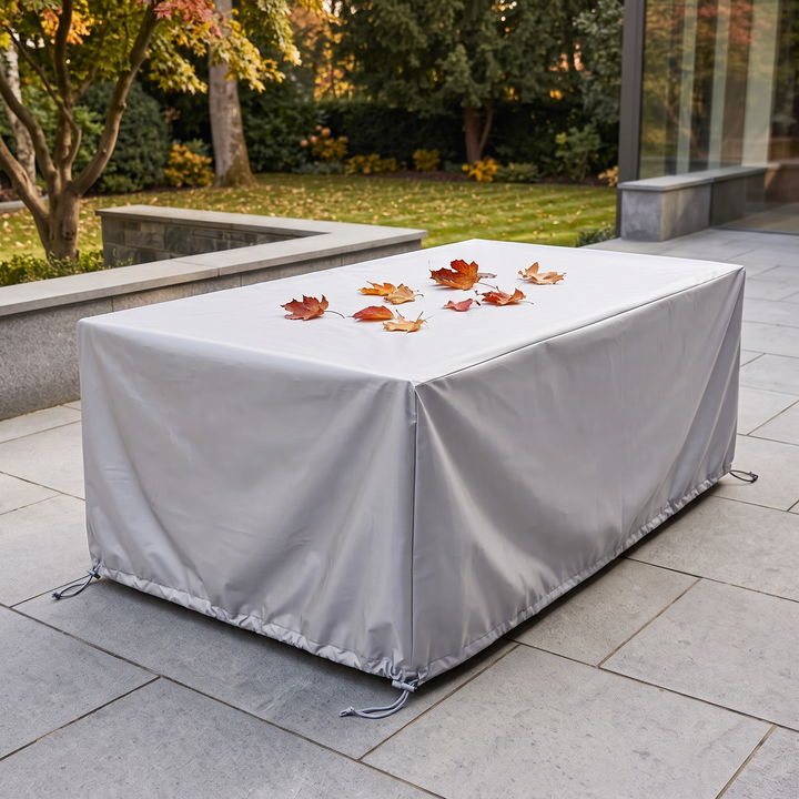 Outdoor Furniture Cover – Waterproof, Rectangular in Silver – covering a large table on a stone patio, autumn leaves on top
