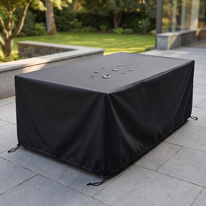 Outdoor Furniture Cover – Waterproof, Rectangular in Black – fitted over a patio table on stone paving by a lawn
