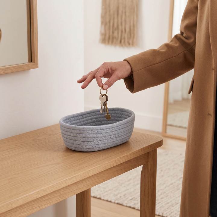 Oval Rope Basket – Cotton Rope in Light Gray – with a person in a long coat dropping keys in