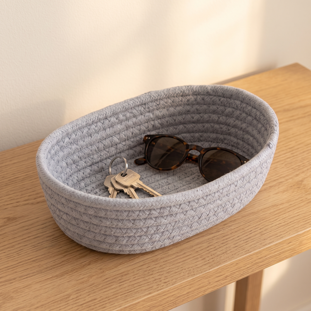 Oval Rope Basket – Cotton Rope in Light Gray – holding keys and sunglasses on a wooden entryway console table