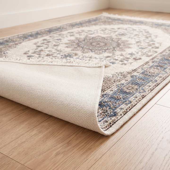 Persian-Style Rug with Tassels – Flat Woven in Cream &amp; Blue Medallion – corner folded back to show the plain woven underside on wood flooring