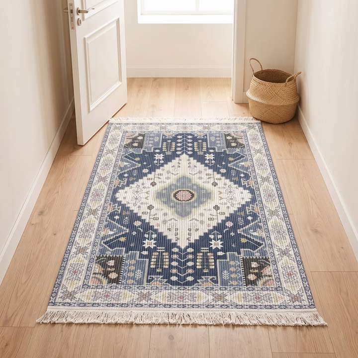 Persian-Style Rug with Tassels – Flat Woven in Navy Medallion – in a narrow hallway by an open door