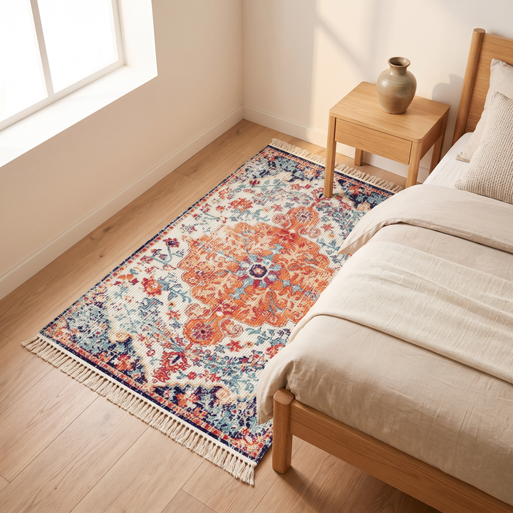 Persian-Style Rug with Tassels – Flat Woven in Orange Medallion – overhead angle beside a wooden bed and nightstand with a vase