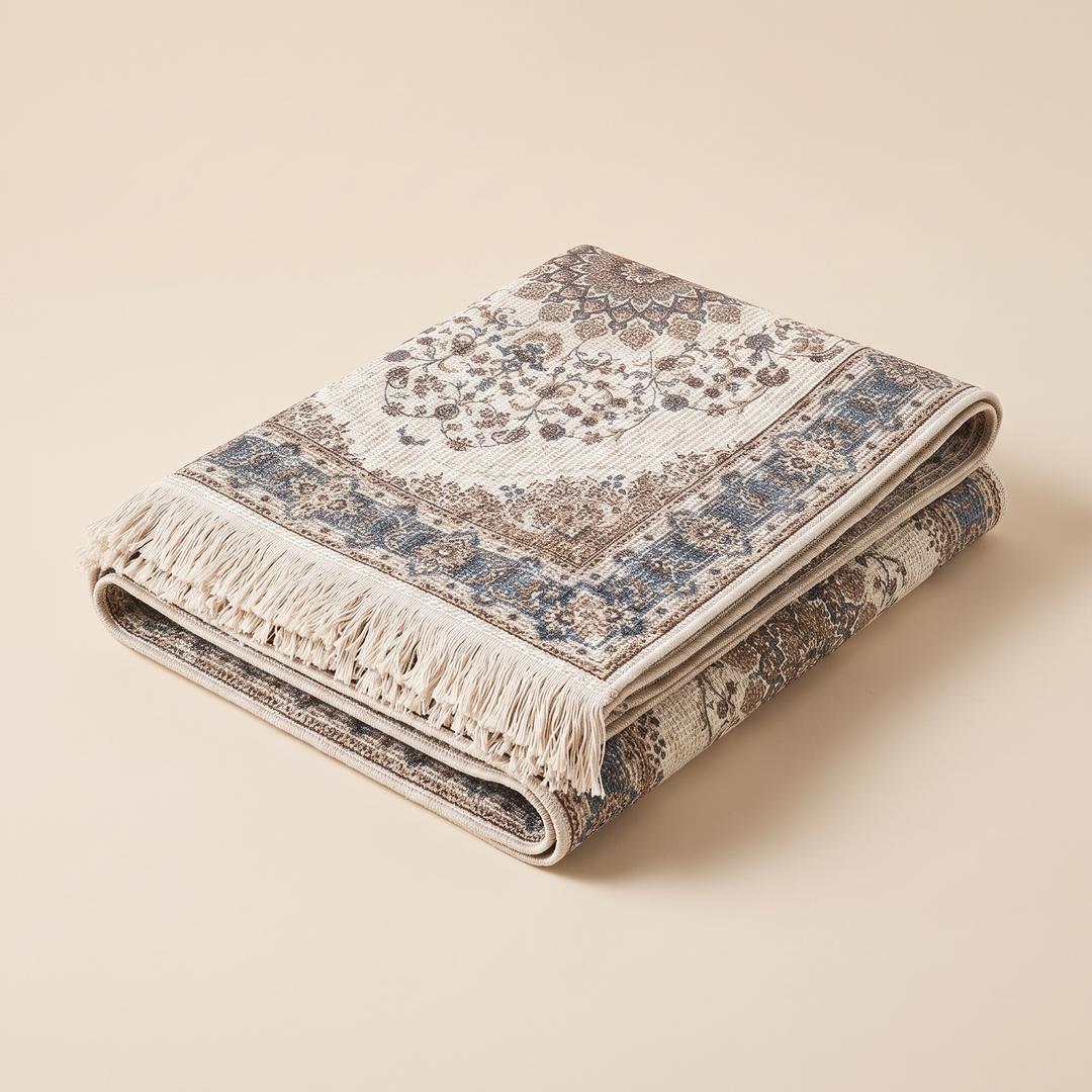 Persian-Style Rug with Tassels – Flat Woven in Cream &amp; Blue Medallion – folded in a neat stack against a plain beige backdrop