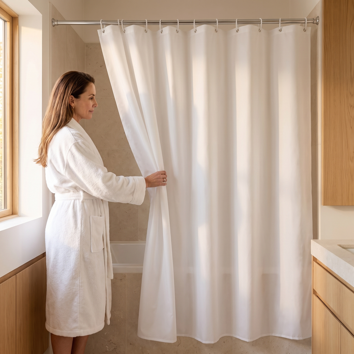 Shower Curtain Liner – Clear PEVA with Magnets in White – woman in bathrobe pulling it open in a bright bathroom