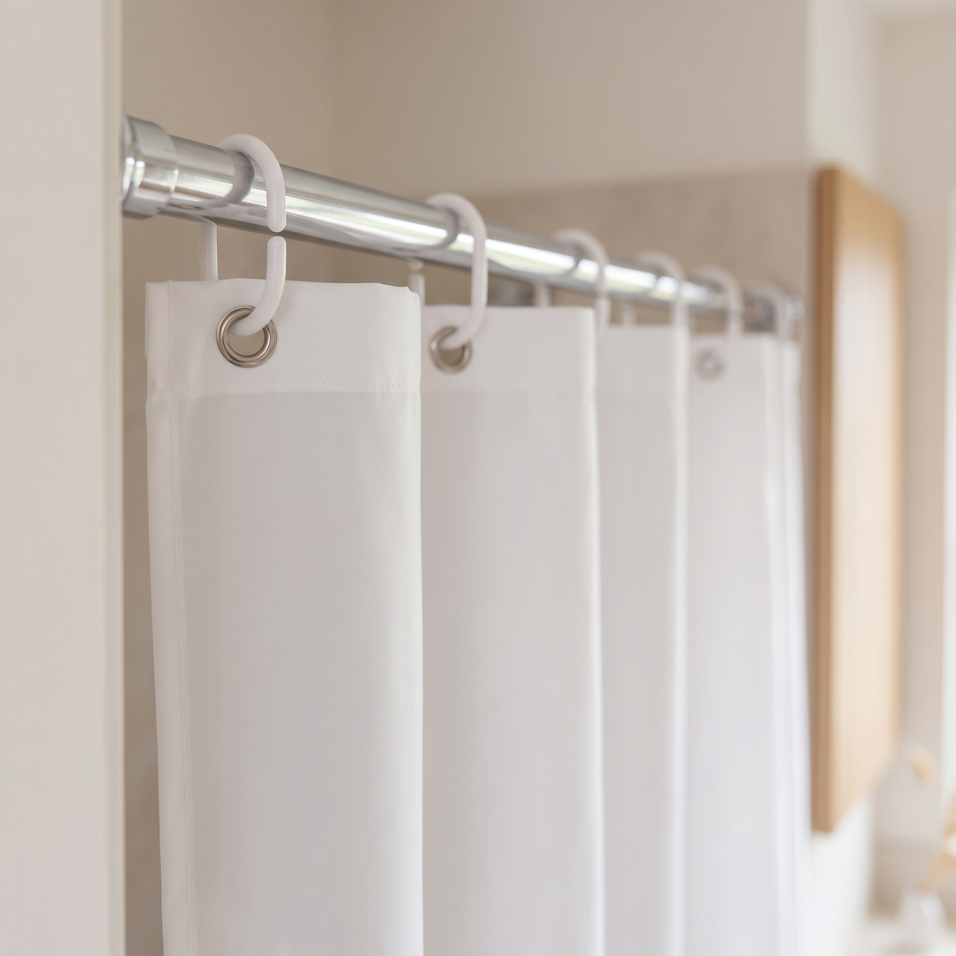 Shower Curtain Liner – Clear PEVA with Magnets in White – close-up of top edge hanging from chrome rod with white rings