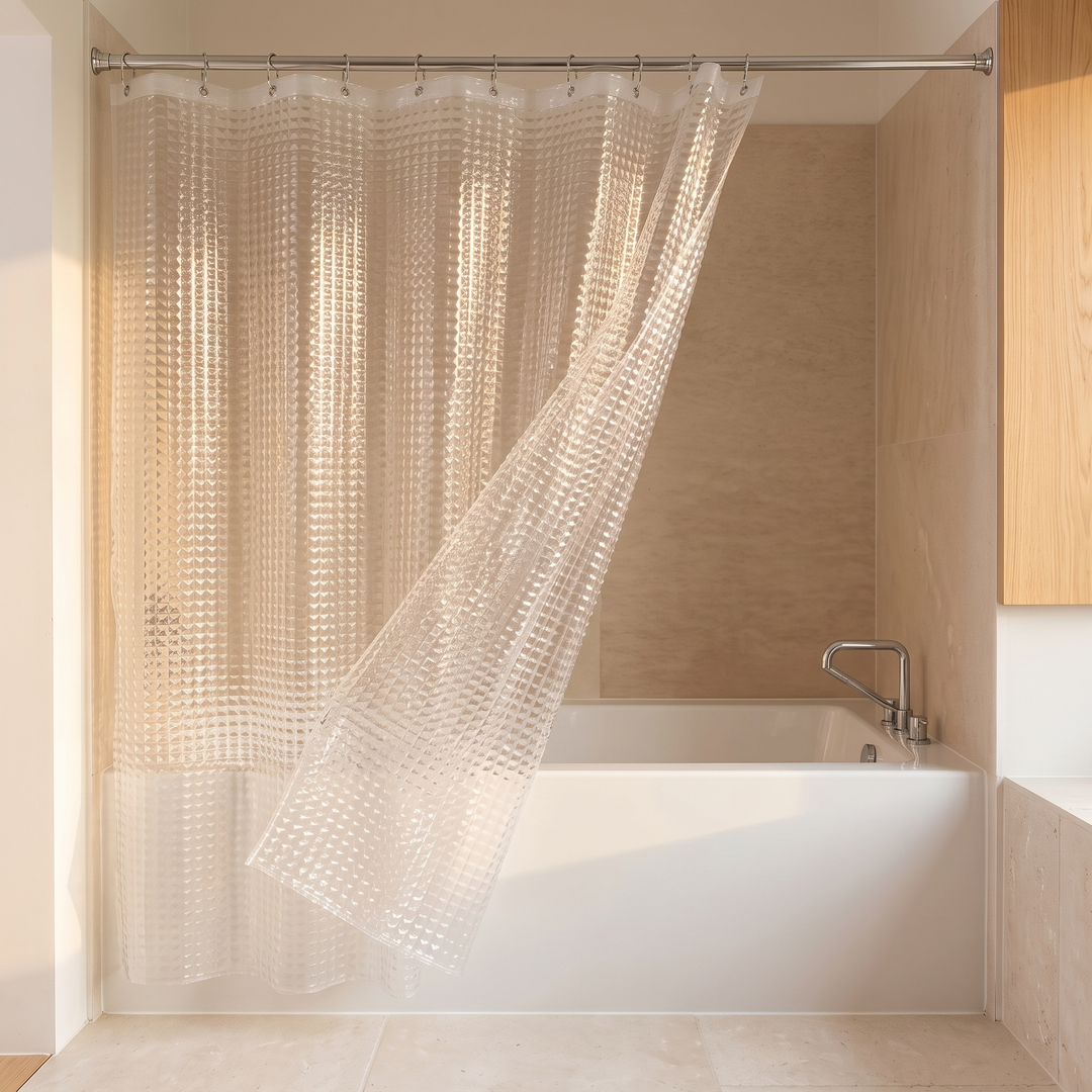 Shower Curtain Liner – Clear PEVA with Magnets in Clear Crystal – edge swinging out diagonally over a white bathtub