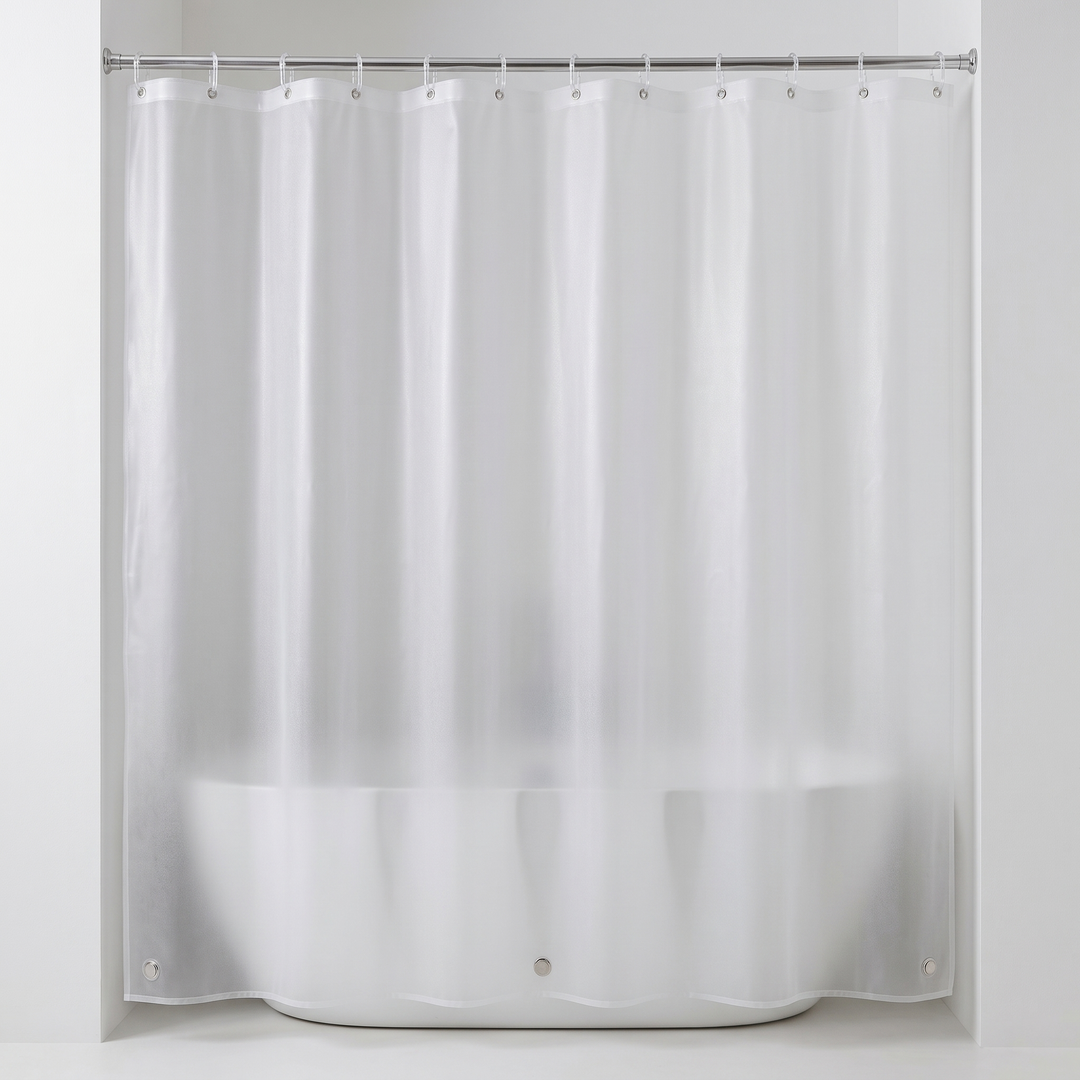 Shower Curtain Liner – Clear PEVA with Magnets in Clear – full length with magnets spaced along the bottom hem