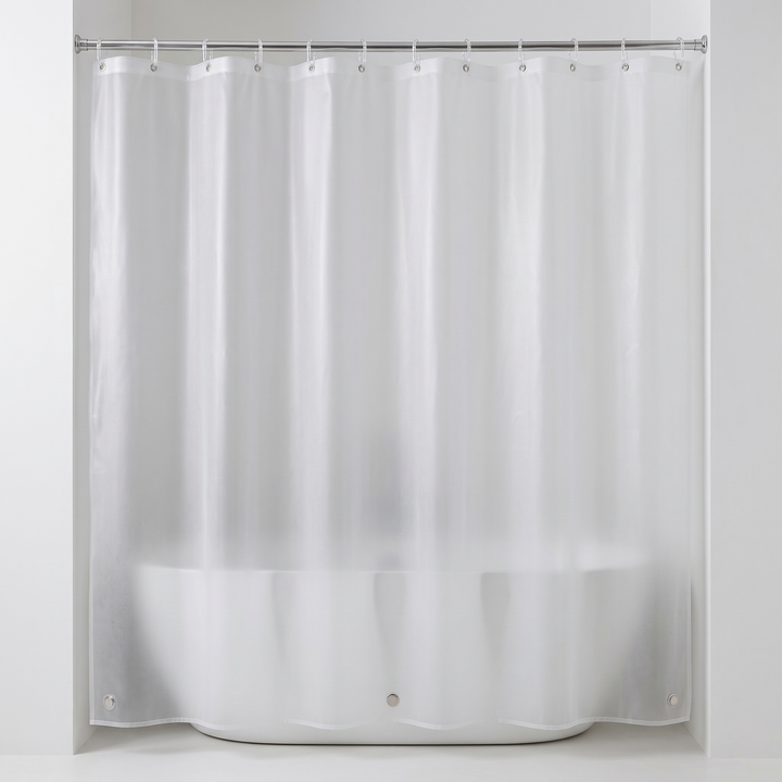 Shower Curtain Liner – Clear PEVA with Magnets in Clear – full length with magnets spaced along the bottom hem
