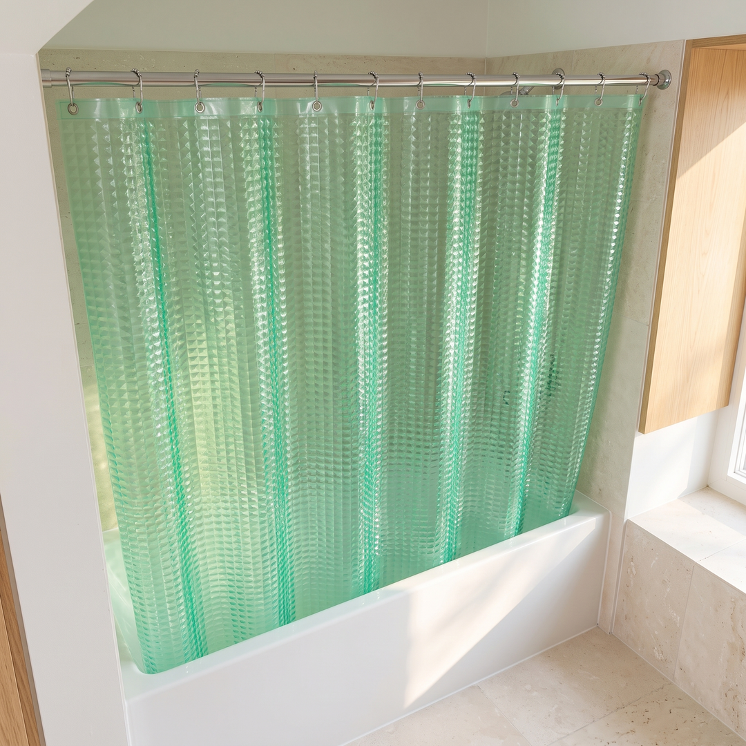 Shower Curtain Liner – Clear PEVA with Magnets in Green Crystal – high-angle view in warm sunlight showing cube texture