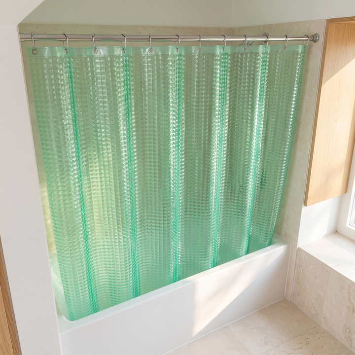 Shower Curtain Liner – Clear PEVA with Magnets in Green Crystal – high-angle view in warm sunlight showing cube texture
