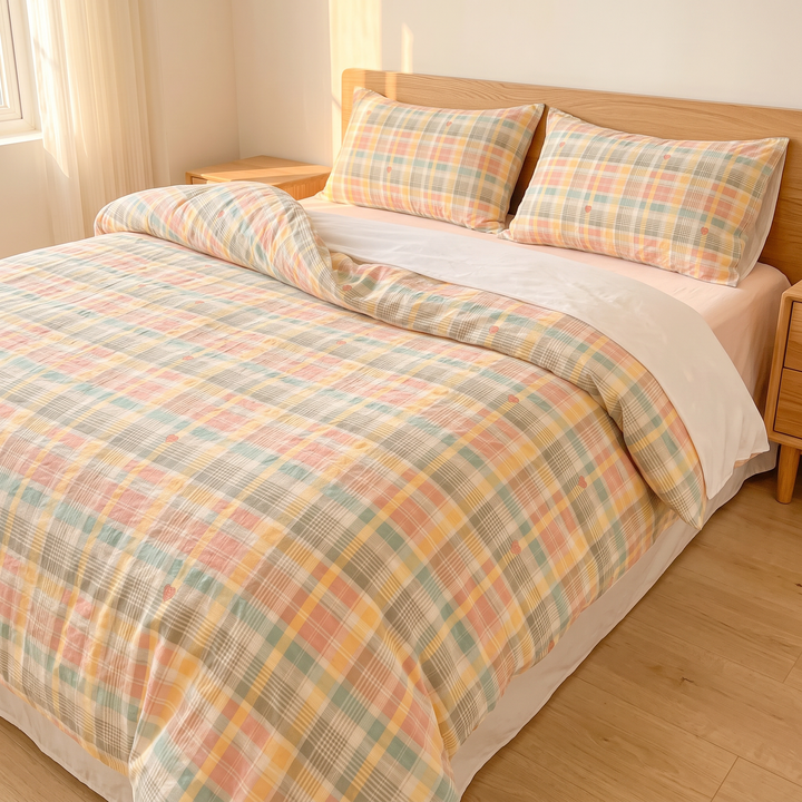 Plaid Bedding Set in Yellow Plaid – angled view with turned-back duvet in sunlit bedroom