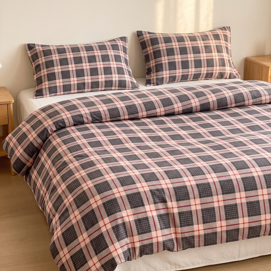 Plaid Bedding Set in Charcoal Plaid – on a made bed with two pillows between wooden nightstands