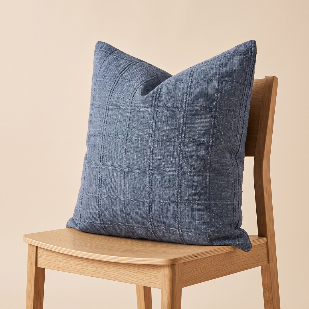 Plaid Pillow Cover – Textured Grid Check in Denim Blue – propped on a light wood chair seat against its backrest