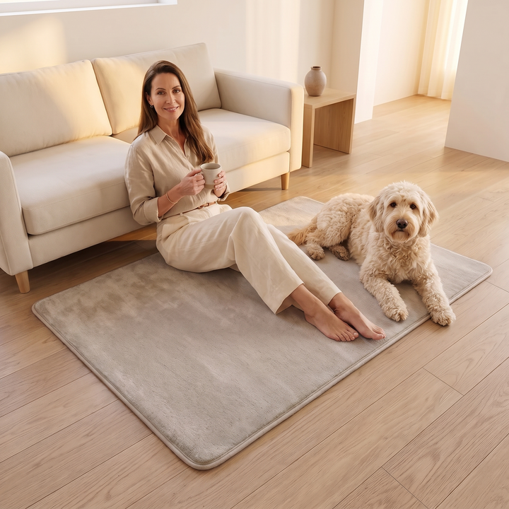 Plush Area Rug in Beige – with a seated woman holding a mug and a fluffy dog resting on it