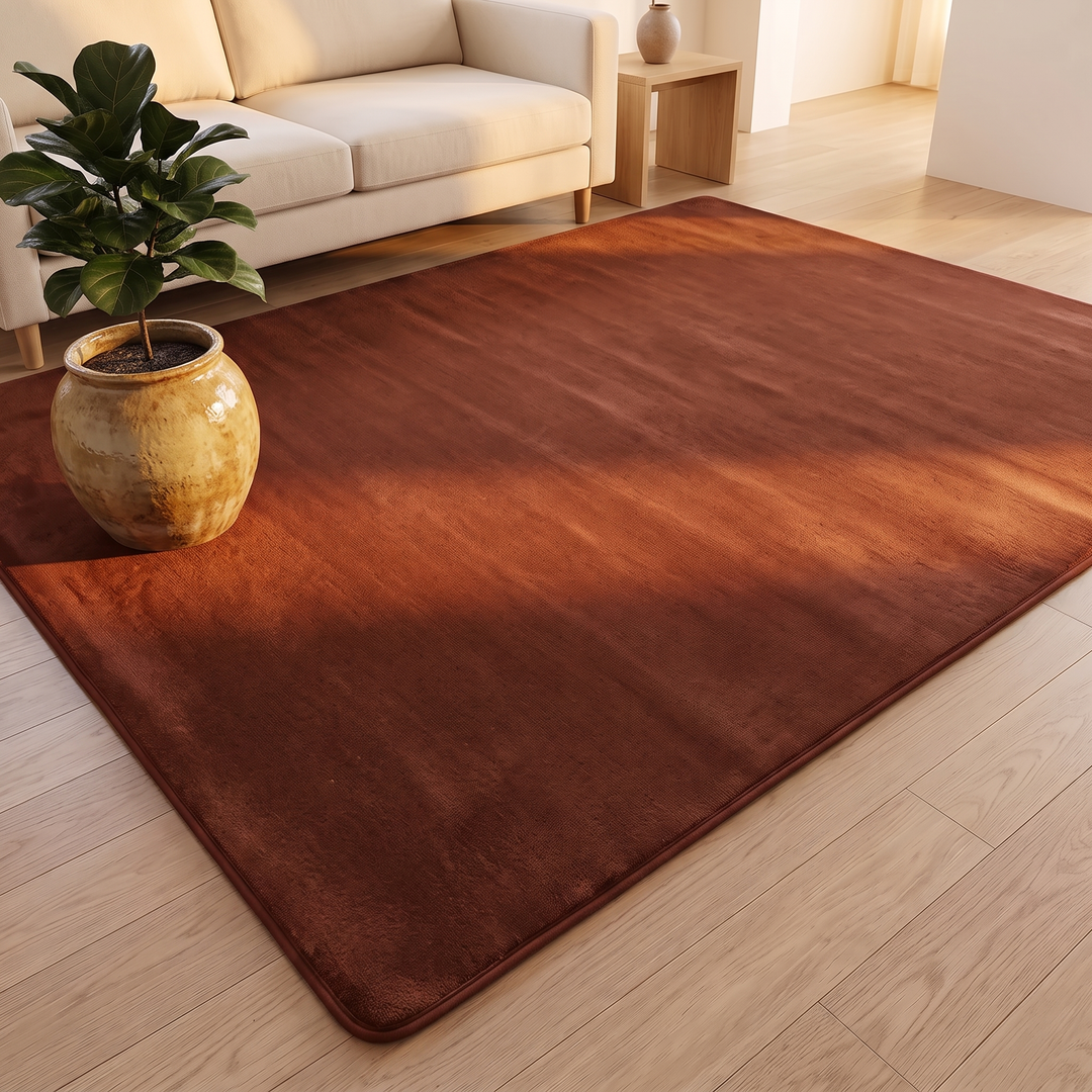 Plush Area Rug in Chestnut Brown – with a potted plant on one corner in warm sunlight