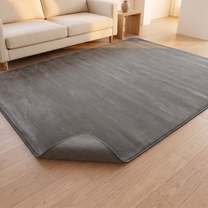 Plush Area Rug in Dark Gray – angled view near cream sofa and wooden side table