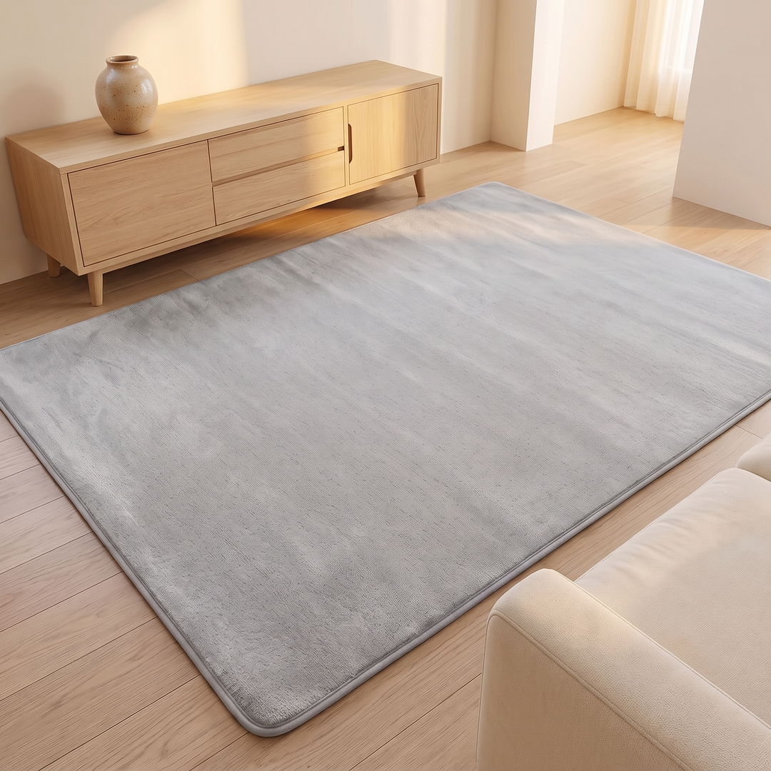 Plush Area Rug in Gray – beside a light wood sideboard with a ceramic vase