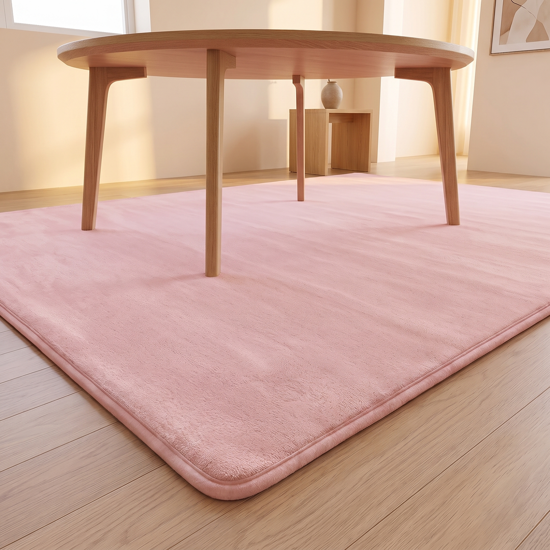 Plush Area Rug in Light Pink – under a round wooden coffee table on a wood floor