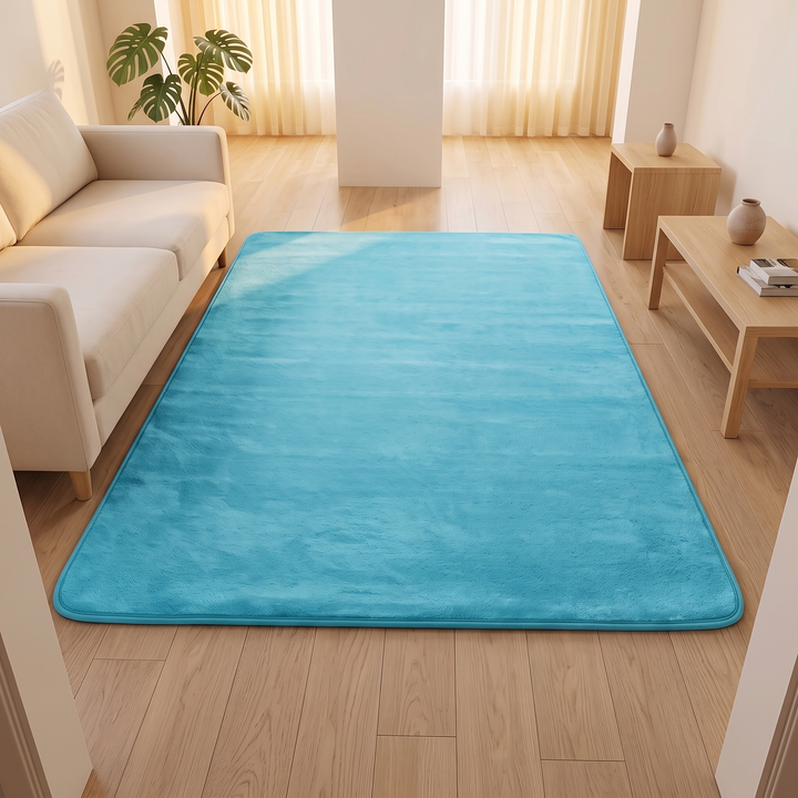 Plush Area Rug in Turquoise – from a doorway in a sunlit room with sheer curtains