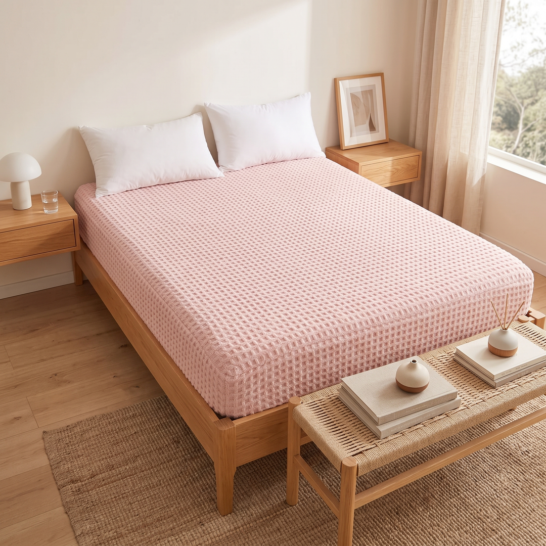 Plush Fleece Fitted Sheet – Deep Pocket in Blush Pink – Textured – styled with a woven bench and stacked books at the foot
