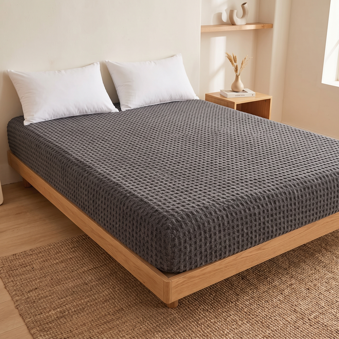 Plush Fleece Fitted Sheet – Deep Pocket in Charcoal – Textured – on a platform bed with jute rug and wall shelf