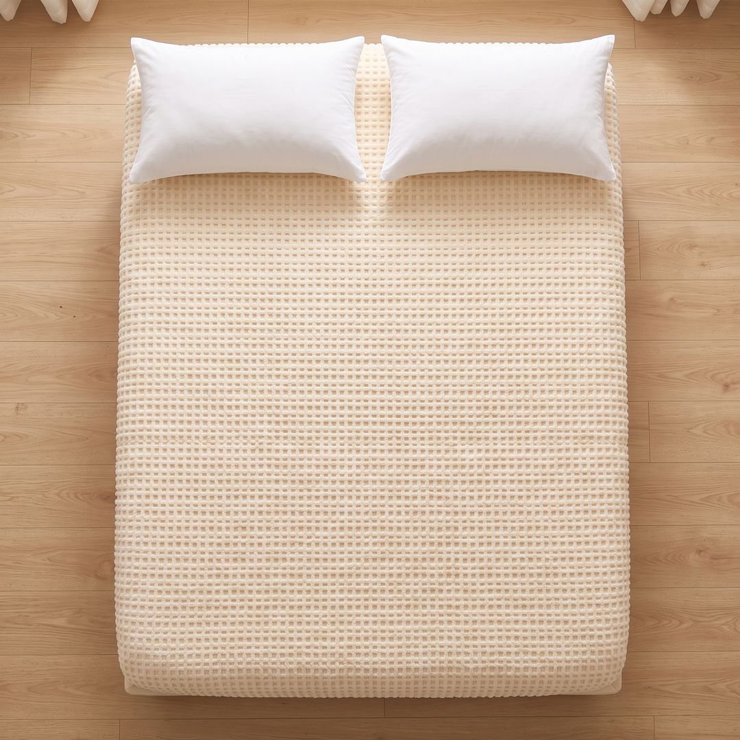 Plush Fleece Fitted Sheet – Deep Pocket in Cream – Textured – top-down view on a mattress with two white pillows on a wood floor