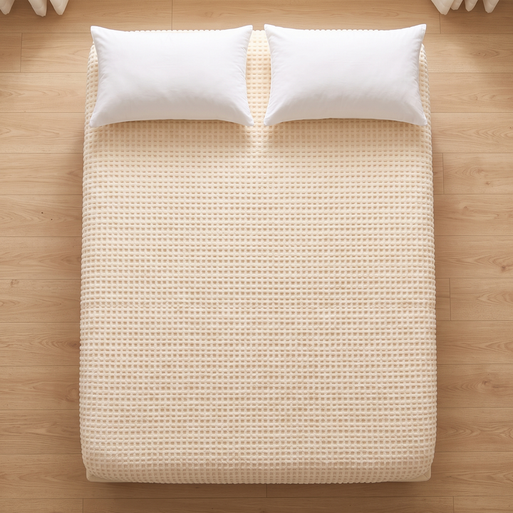 Plush Fleece Fitted Sheet – Deep Pocket in Cream – Textured – top-down view on a mattress with two white pillows on a wood floor