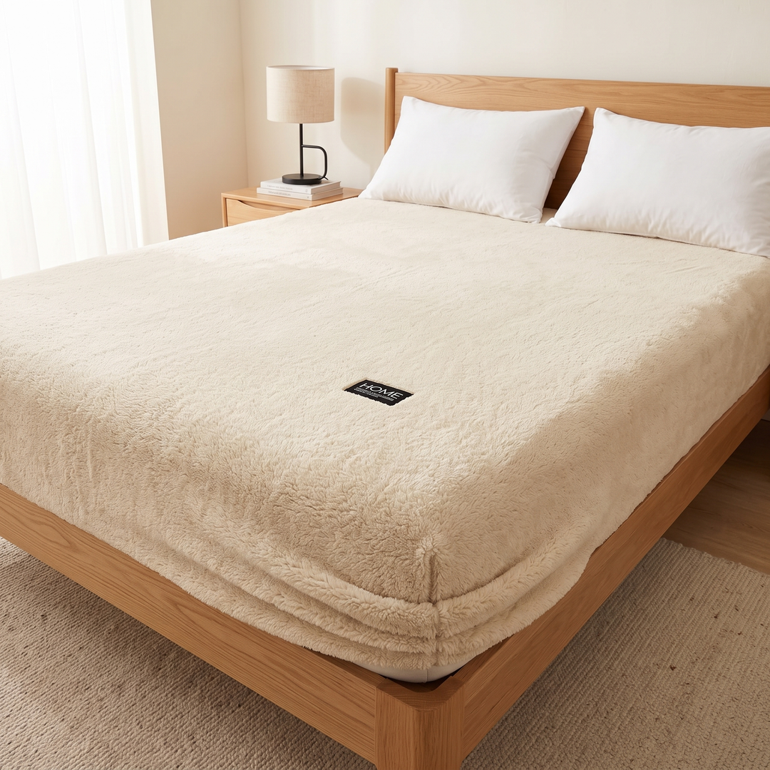 Plush Fleece Fitted Sheet – Deep Pocket in Cream – angled view of full bed beside nightstand with lamp