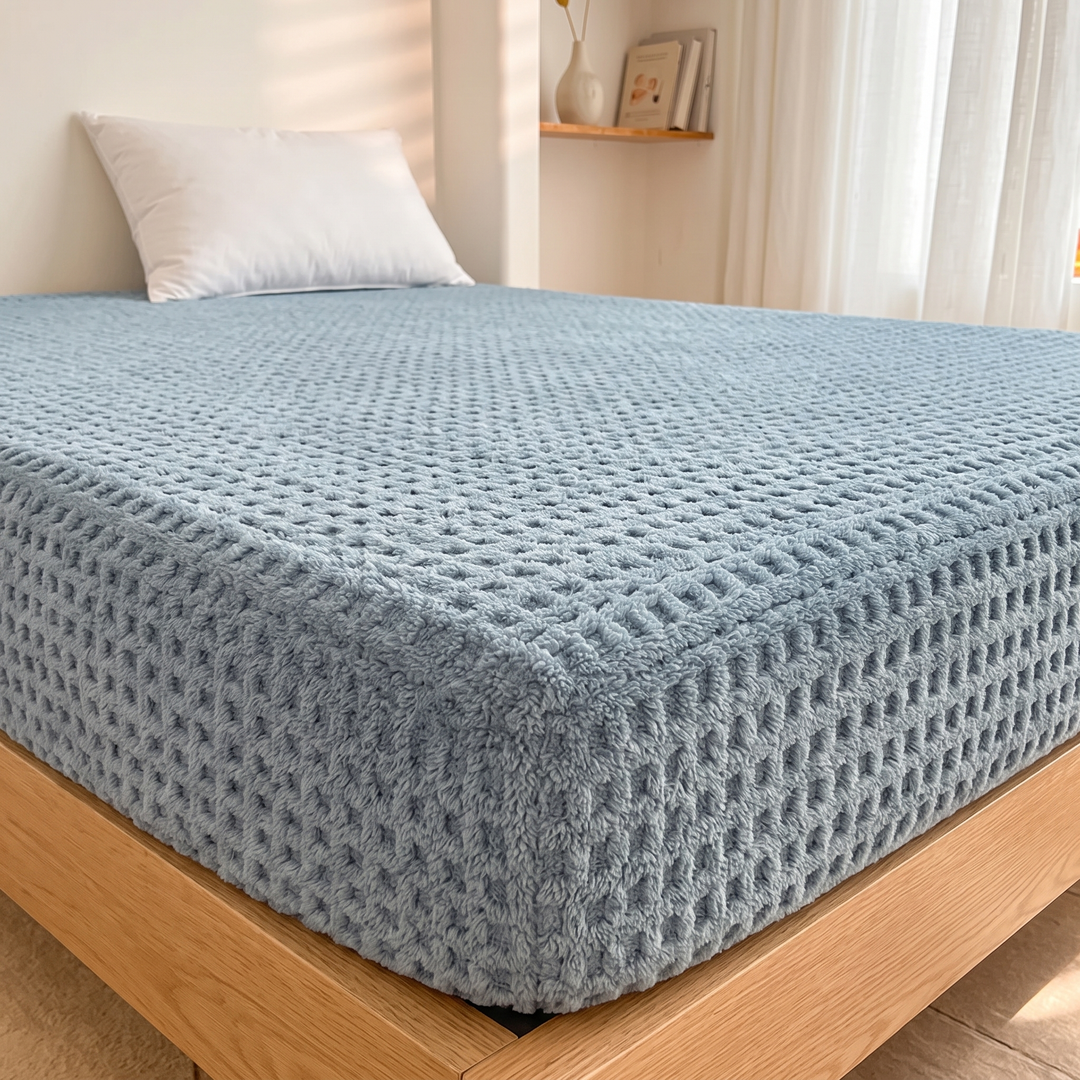 Plush Fleece Fitted Sheet – Deep Pocket in Dusty Blue – Textured – raised corner view with one pillow and books on shelf
