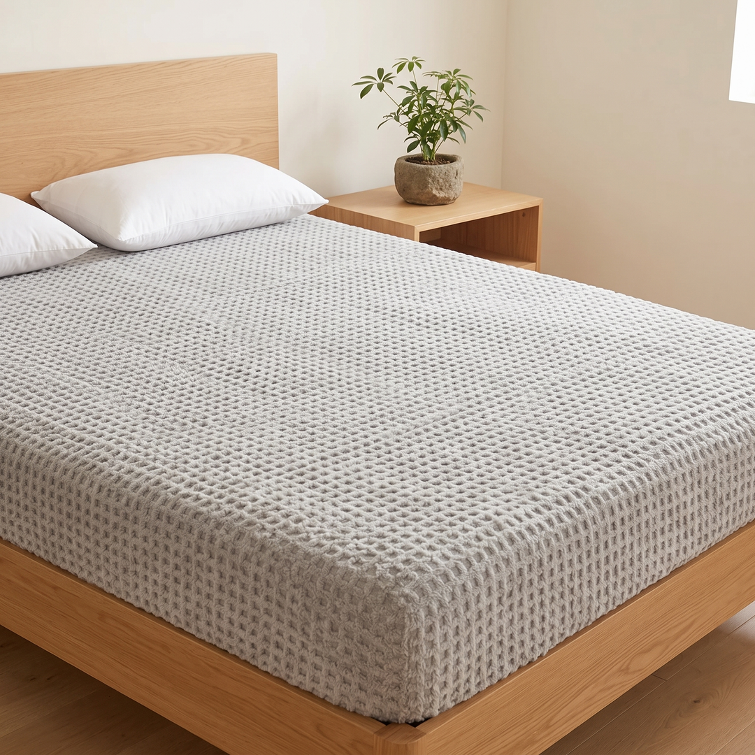 Plush Fleece Fitted Sheet – Deep Pocket in Gray – Textured – waffle texture across mattress beside a nightstand with potted plant