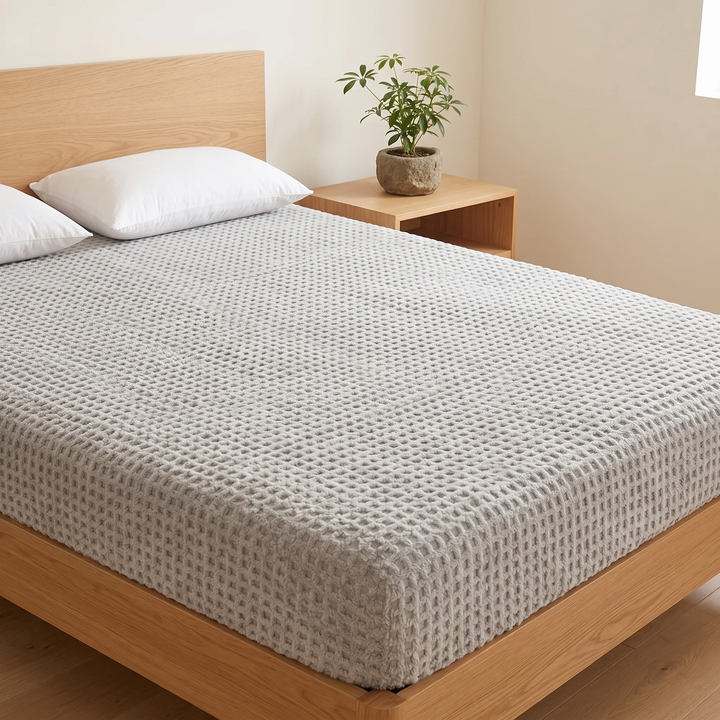 Plush Fleece Fitted Sheet – Deep Pocket in Gray – Textured – waffle texture across mattress beside a nightstand with potted plant