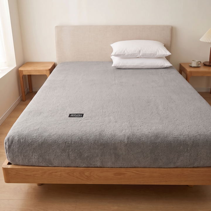 Plush Fleece Fitted Sheet – Deep Pocket in Gray – straight-on foot-of-bed view between wooden side tables