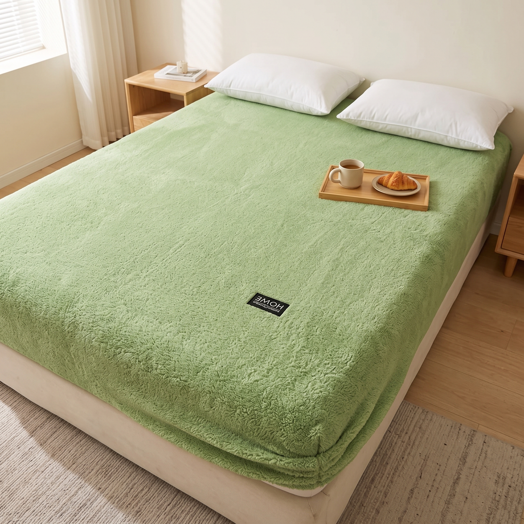 Plush Fleece Fitted Sheet – Deep Pocket in Green – with a wooden breakfast tray holding coffee and croissant