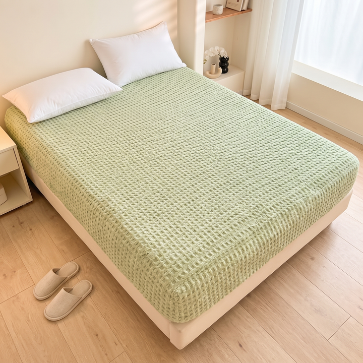 Plush Fleece Fitted Sheet – Deep Pocket in Light Sage – Textured – with beige slippers on the floor beside the bed