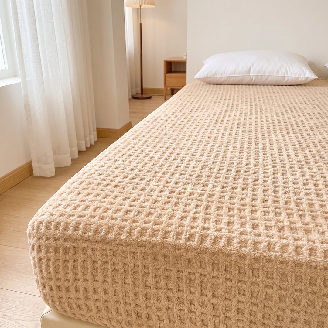Plush Fleece Fitted Sheet – Deep Pocket in Sand – Textured – low side view of mattress corner by sheer curtains
