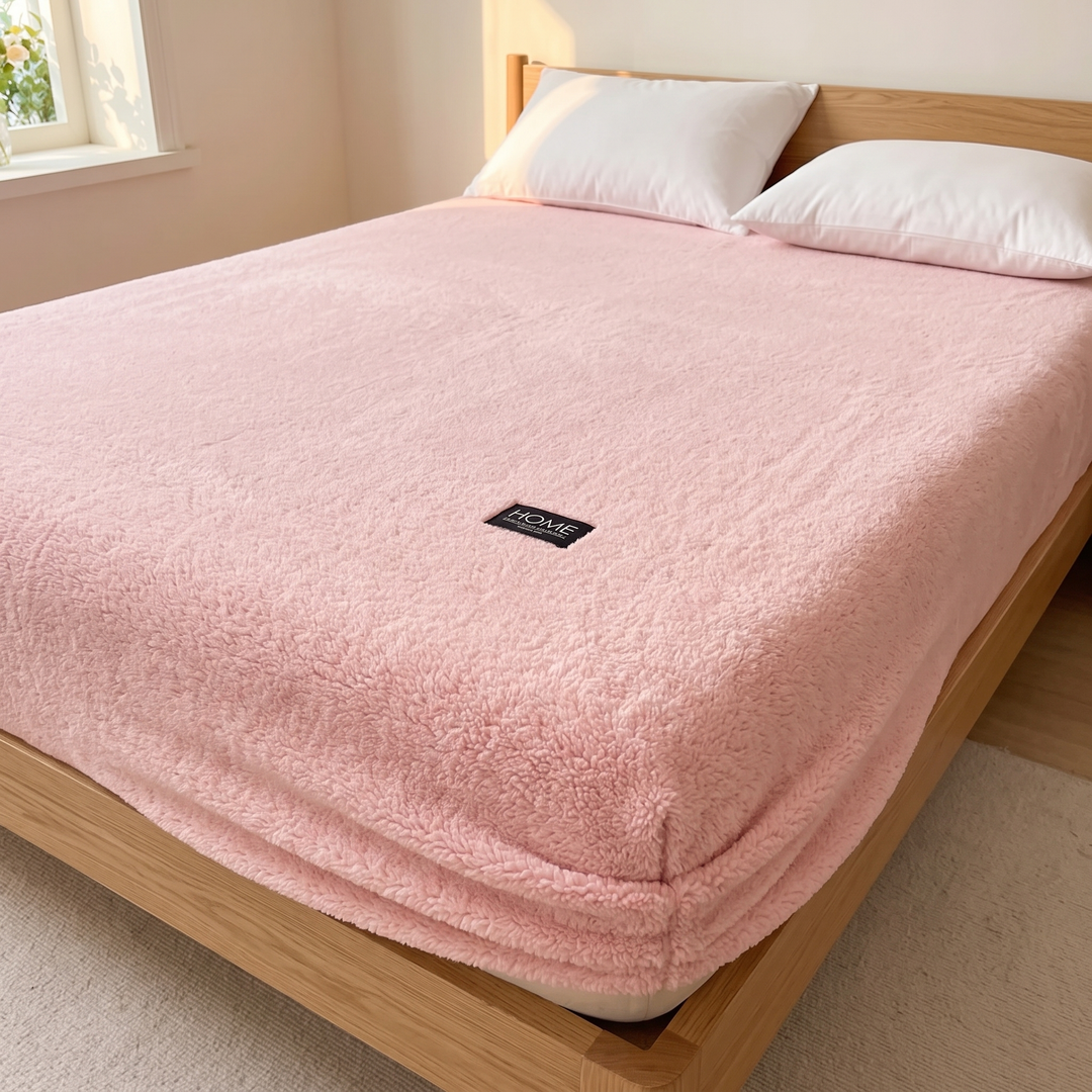Plush Fleece Fitted Sheet – Deep Pocket in Pink – fitted on a wooden bed with white pillows in a sunlit bedroom