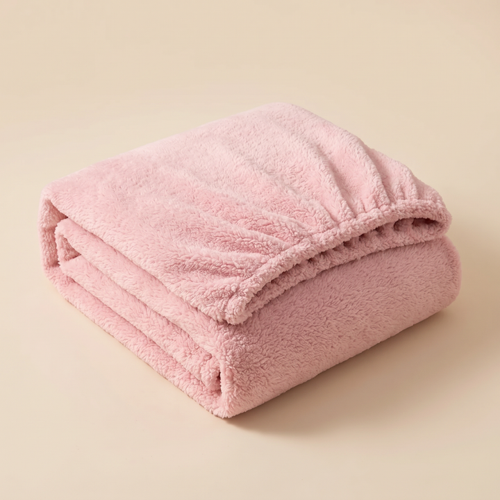 Plush Fleece Fitted Sheet – Deep Pocket in Pink – folded neatly in a stack against a plain beige background
