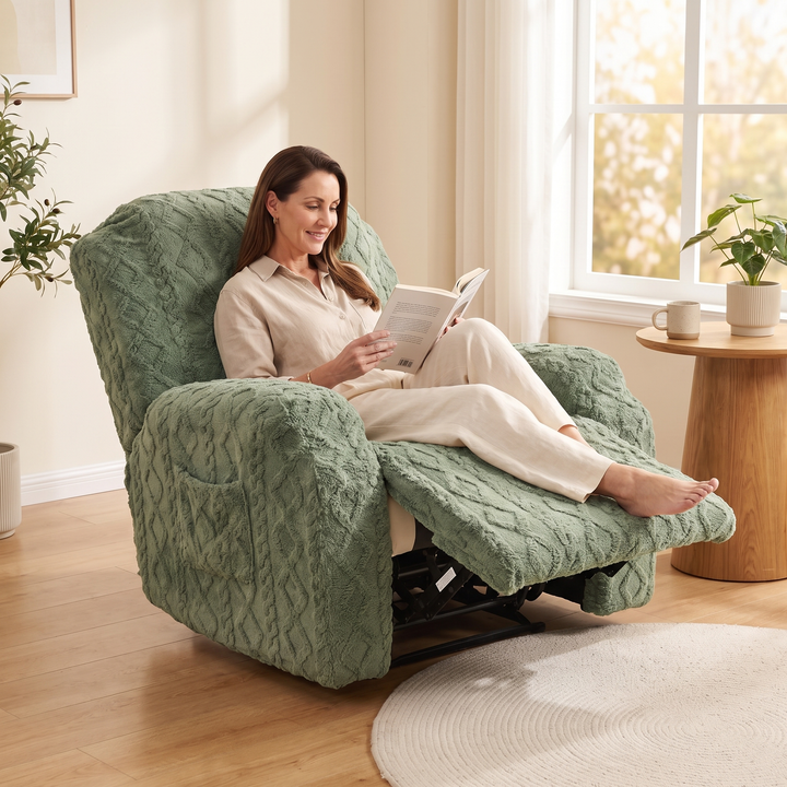 Plush Stretch Recliner Cover in Sage – with a woman reading a book while reclining
