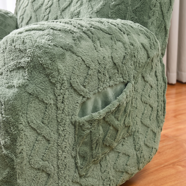 Plush Stretch Recliner Cover in Sage – close-up of the textured armrest cover with side pocket