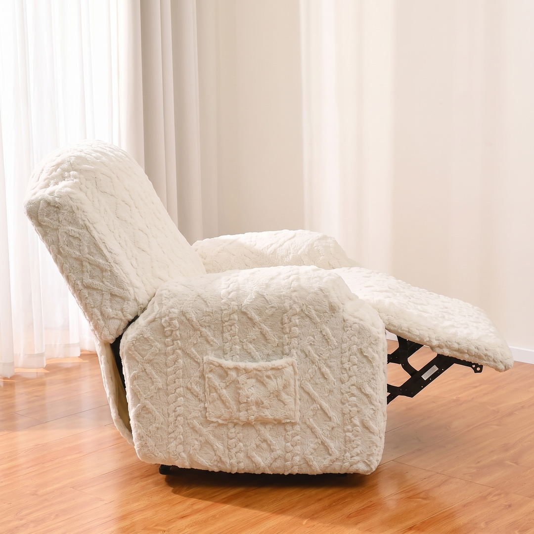 Plush Stretch Recliner Cover in Cream – side profile with footrest extended on a wood floor
