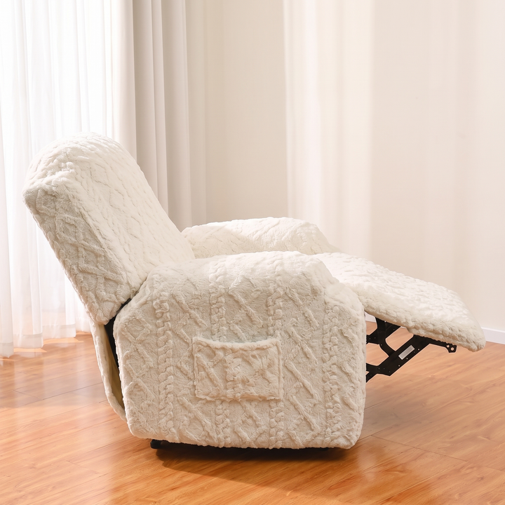 Plush Stretch Recliner Cover in Cream – side profile with footrest extended on a wood floor
