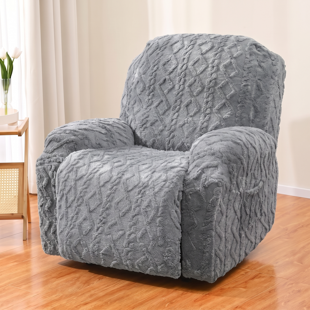 Plush Stretch Recliner Cover in Gray – beside a round wooden side table with a vase