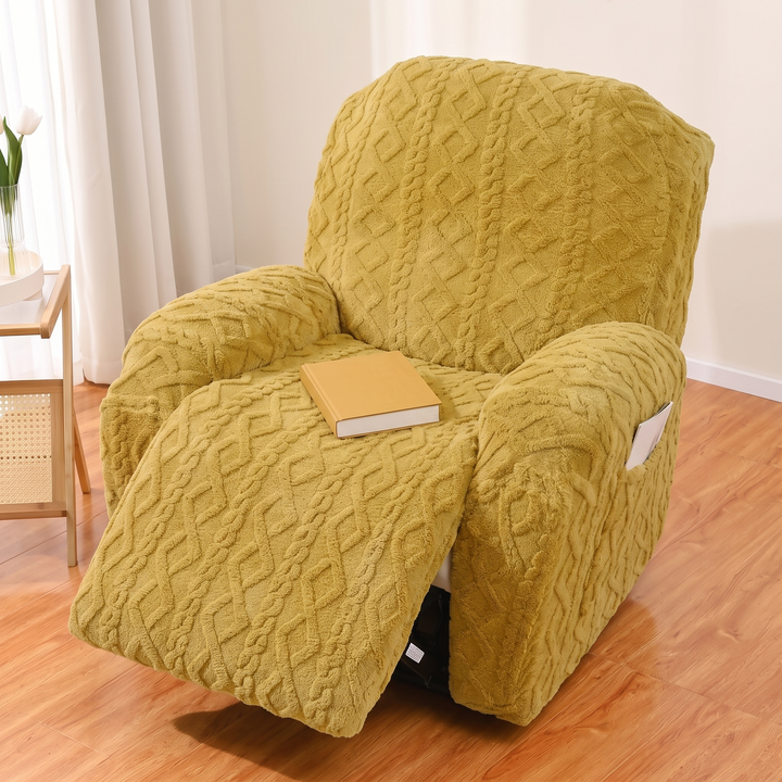 Plush Stretch Recliner Cover in Mustard – high-angle front view with a closed book on the seat