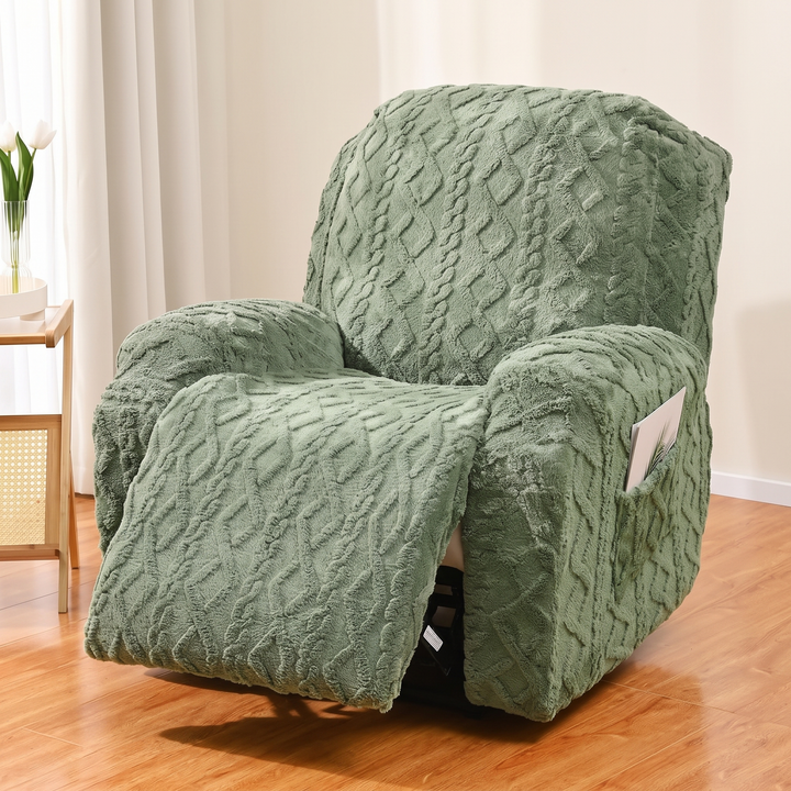 Plush Stretch Recliner Cover in Sage – fitted on a reclined recliner beside a window with curtains