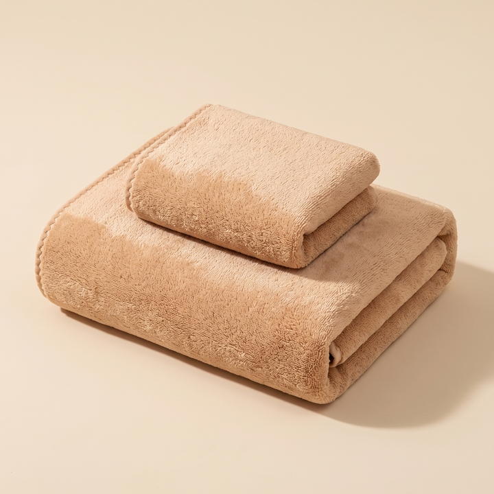 Plush Bath Towel Set – 2 Piece in Camel – two folded towels stacked on a plain beige background