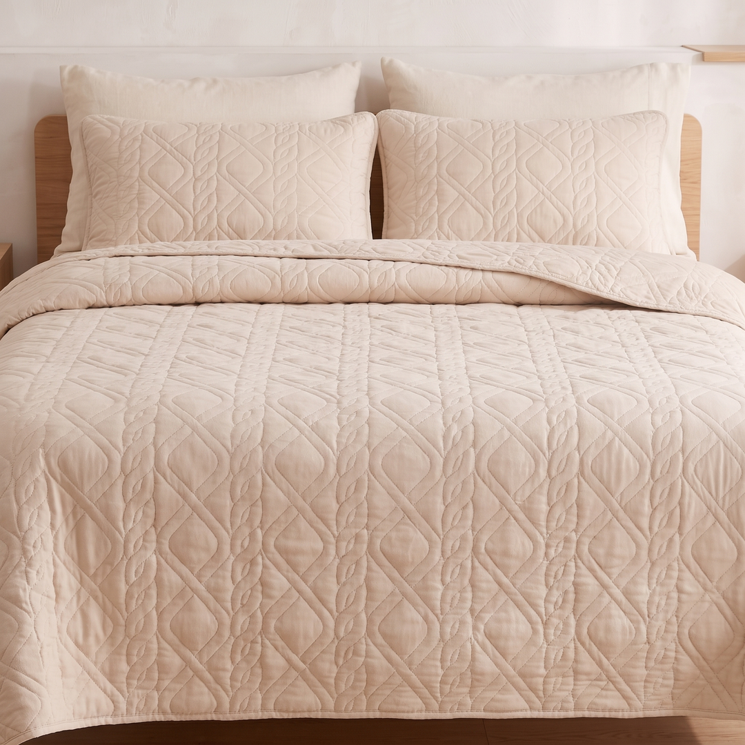 Diamond Quilted Bedspread Set in Beige