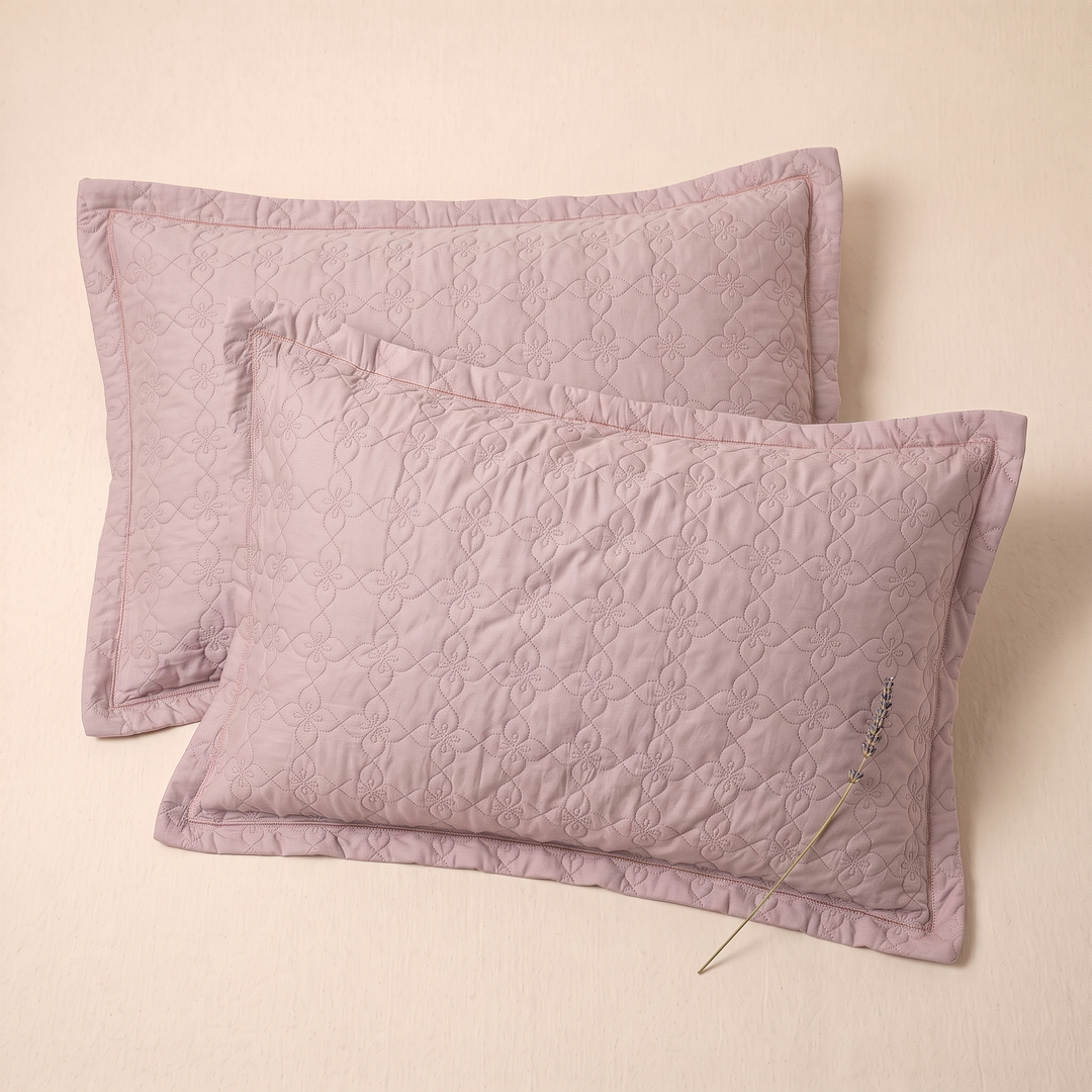 Quilted Cotton Pillow Shams – Set of 2 in Dusty Pink – overlapping shams with a dried lavender sprig resting on the front one