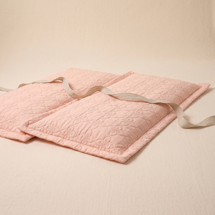 Quilted Cotton Pillow Shams – Set of 2 in Light Pink – two shams laid flat with a linen tie ribbon looped across